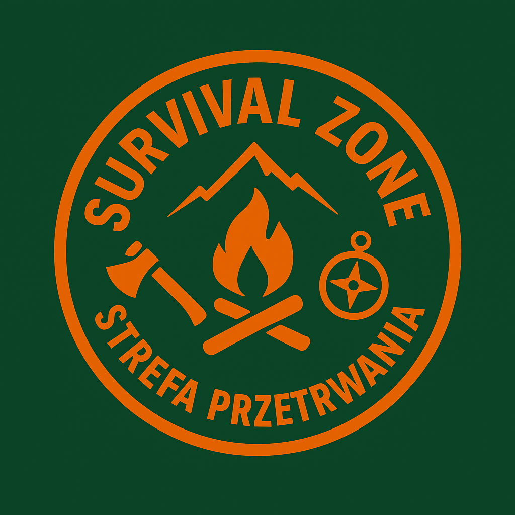 Okrągłe, pomarańczowe logo na zielonym tle, identyczne jak w pliku 1.png. Przedstawia symbole outdoorowe: ognisko, góry, topór i kompas z napisami "SURVIVAL ZONE" oraz "STREFA PRZETRWANIA".